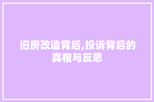 旧房改造背后,投诉背后的真相与反思
