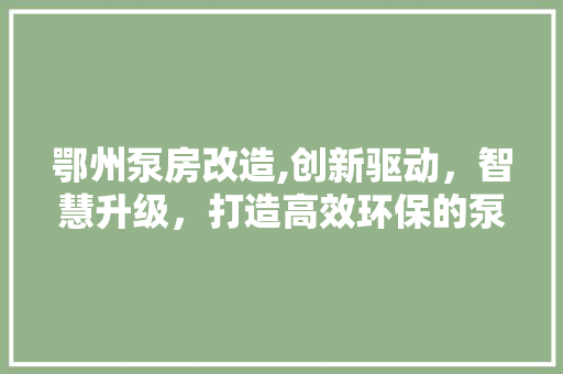 鄂州泵房改造,创新驱动，智慧升级，打造高效环保的泵房新典范 家电维修